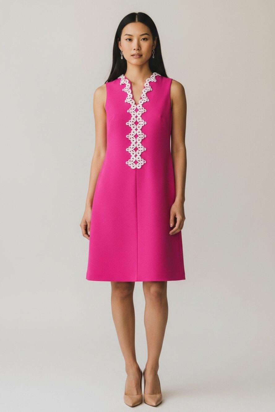 ELLE Dress Small Hot Pink White Applique Sleeveless Shift Sheath Preppy